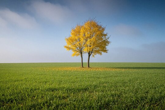 Two trees with bright yellow leaves stand alone in a vast green field under a clear blue sky. Fallen leaves scatter on the grass below, marking the transition to autumn in the Polish countryside.