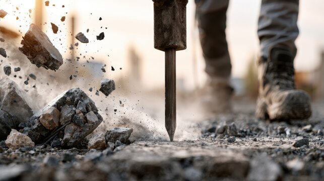 Worker breaking rocks with heavy industrial jackhammer on construction site with dust and rubble flying around during demolition work