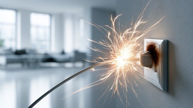 Electrical outlet sparking and overheating with visible fire hazard on a damaged plug in a modern living room environment showing potential danger and risk
