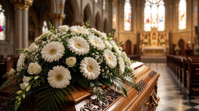 White floral arrangement rests on wooden coffin inside church. Coffin sits near altar with stained glass windows and pews visible in background. This scene suggests solemnity and remembrance.