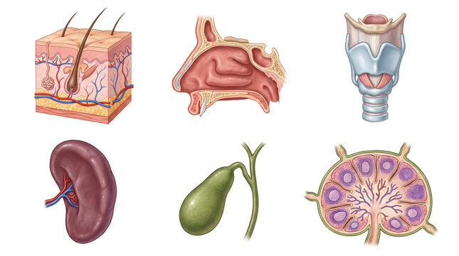 Human body organs and tissue structure set, isolated on transparent background