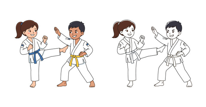 Kids Practicing Karate Martial Arts, Set of Colored and Black and White Line Art Illustrations for Children's Coloring Page and Sports Activity.