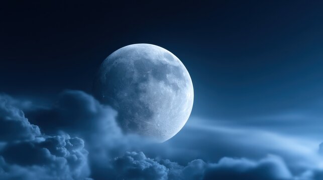 Serene full moon glowing brightly through soft, wispy clouds in a tranquil deep blue night sky illuminating the peaceful atmosphere