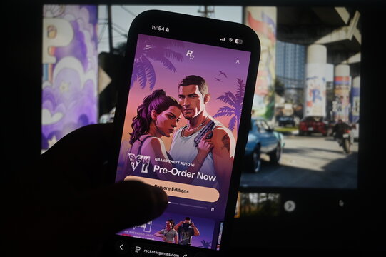 Germany - August 11,2026: Rockstar and GTA 6 website on the phone screen