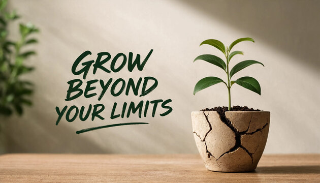 Vibrant green plant seedling emerges from a broken pot illustrating growth and overcoming limits on a wooden table with inspiring text