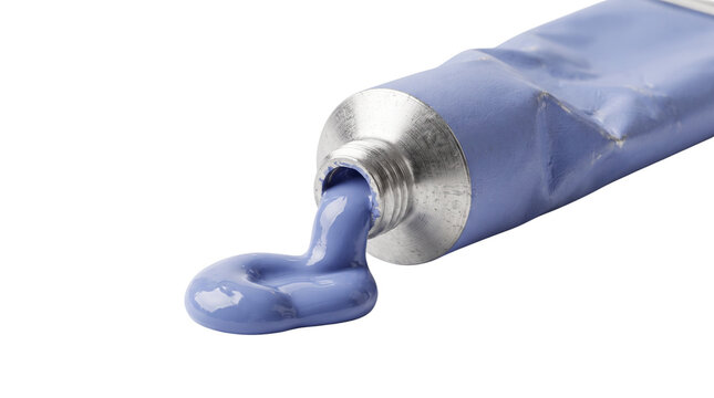 Periwinkle blue artist paint flowing from a premium blank tube into a glossy puddle, isolated on white background for creative design use.