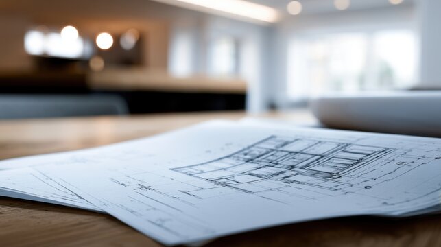 Architectural technical drawings on a desk with blurred modern office background showcasing detailed building design plans and structural measurements