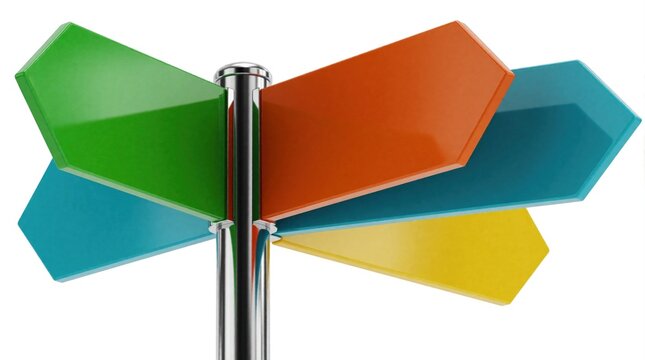 Directional sign with four colorful arrow panels in green, orange, blue, and yellow. Blank signs point in different directions on white background.