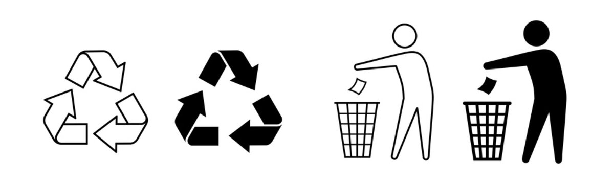 Recycling icon set with do not litter and recycle symbols in outline and solid style. Waste disposal sign icons for litter prevention, waste management and environmental awareness