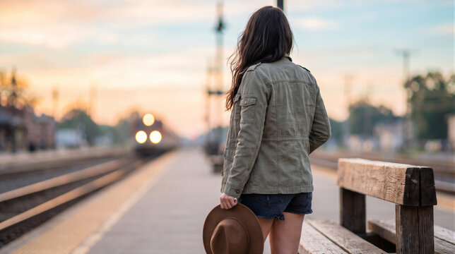 Young woman standing on a train station platform holding a hat while waiting for an approaching train during a beautiful sunset