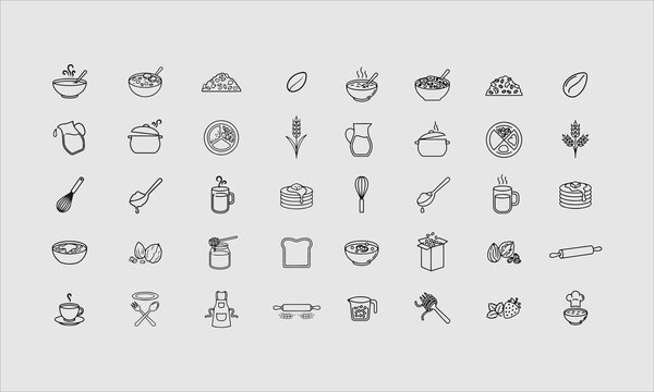 Oatmeal doodle illustration including icons - oat porridge bowl, muesli, granola, grain, jug, boiled rice water pot, healthy meal, wheat, whisk. Thin line art about breakfast food.