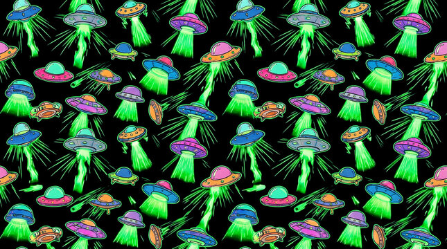 endless repeating sequence featuring silly alien spaceships and glowing green rays hovering on a solid jet black canvas giving futuristic cosmic excitement for weird holiday events