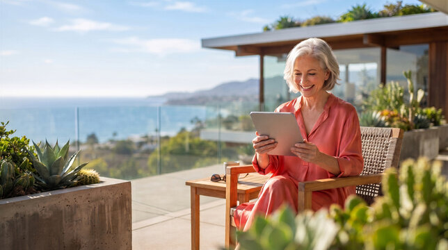 Happy senior woman using a digital tablet while sitting on a terrace overlooking the ocean at a modern luxury home
