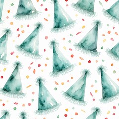 Obraz premium Watercolor seamless pattern with teal party hats and colorful confetti. Festive background repeats. Celebration, holiday, fun design. Great for invites, cards, wrapping paper.