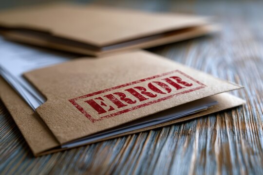 Close-up of a brown envelope marked with bold red error stamp containing documents on a rustic wooden surface for concept of mistakes or issues