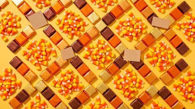 interlocking shapes of sweet candy corn and wrapped chocolate bars neatly arrayed on a solid bright yellow background inviting cheerful sugar rush excitement during autumn events