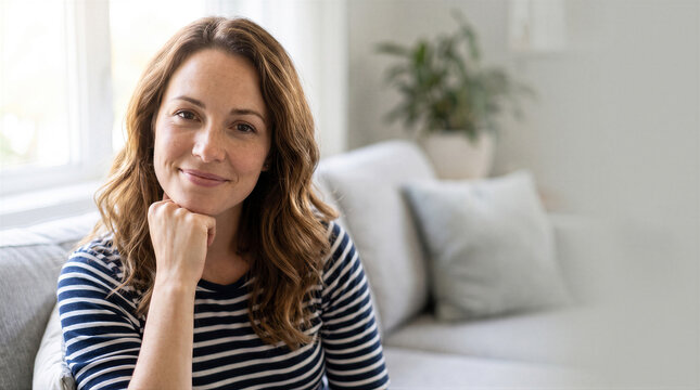 Portrait of a smiling woman sitting on a couch at home