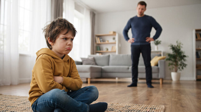 A young boy sitting on the floor with his arms crossed and a grumpy expression while his father stands behind him in the living room