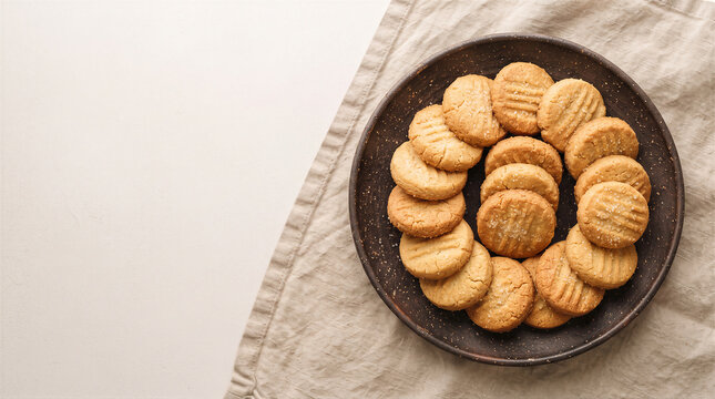 Top view of a dark plate filled with delicious homemade peanut butter cookies arranged in a circle on a rustic linen tablecloth