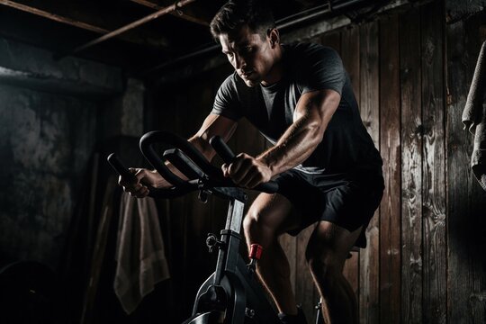 Man intensely cycles on stationary bike, building muscle in dimly lit room. Athlete works out hard, focused on endurance training, getting stronger.