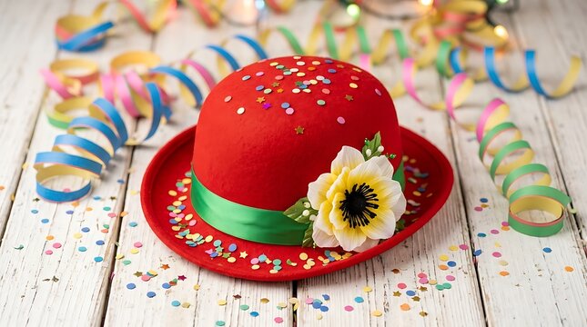Red bowler hat decorated with a white flower and colorful confetti on a rustic wooden table surface