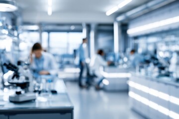 Fototapeta premium Modern scientific research laboratory with team of researchers working collaboratively on experiments using advanced equipment in bright professional setting