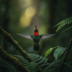 Obraz premium Hummingbird hovering among lush green ferns in a misty tropical rainforest