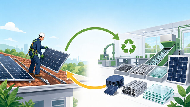 Solar panel recycling and end-of-life circular economy loop recovering silicon glass and aluminium materials, sustainable solar energy lifecycle concept flat illustration