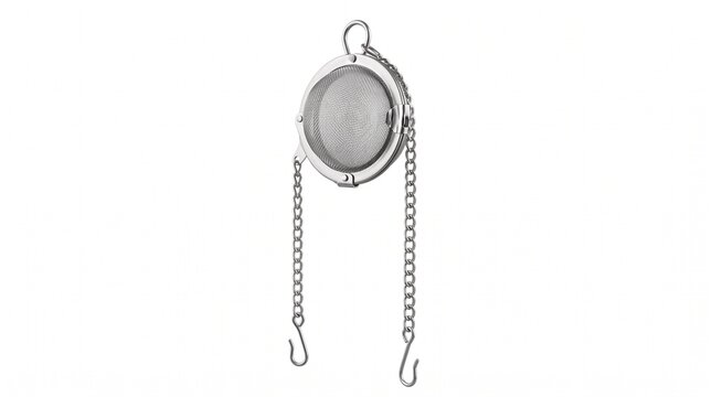 Stainless steel tea infuser ball with chain and hooks. Metallic mesh tea strainer for loose leaf brewing. Kitchen tool on white background.