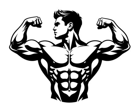 Black and white graphic illustration of a muscular bodybuilder posing