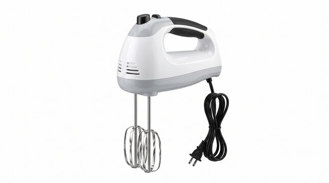 Electric hand mixer with metal beaters, white kitchen appliance for baking, portable power mixer on white background