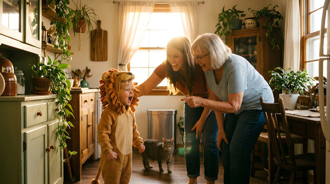 Multi-generational family laughing at a toddler in a lion costume in the kitchen