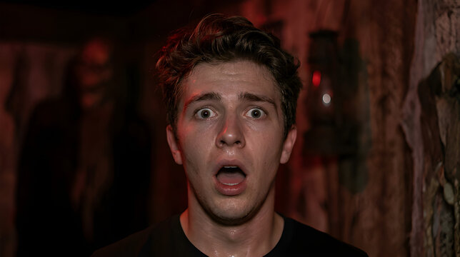 Terrified young man screaming in a scary haunted house attraction