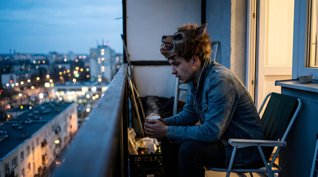 Man wearing a werewolf mask drinking coffee alone on an apartment balcony at dusk
