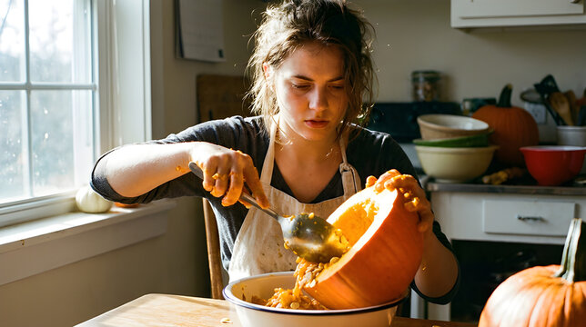 Young woman scooping seeds out of a pumpkin in a sunny kitchen