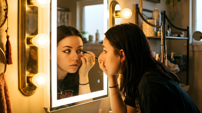 Young woman applying black eyeliner in front of a lighted vanity mirror