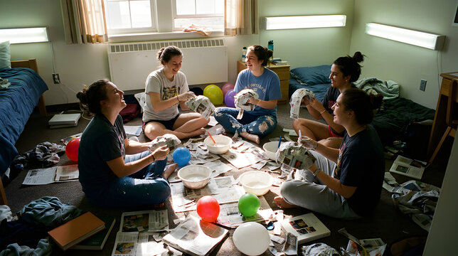 Group of young women sitting on a dorm room floor making papier-mache masks