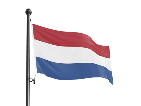 Netherlands national flag waving on flagpole against black background with realistic red white and blue fabric texture