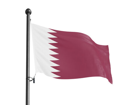 Qatar national flag waving on flagpole against black background with realistic maroon and white fabric texture