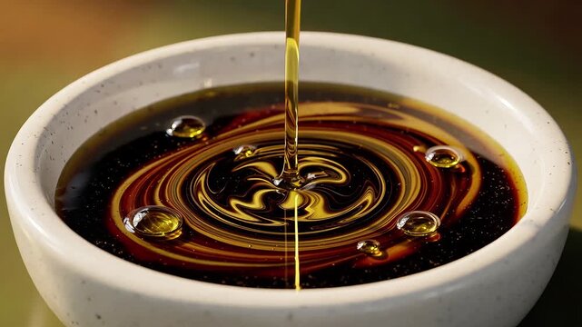 Dark balsamic glaze or syrup pouring into a minimalist ceramic bowl liquid food sauce dripping culinary