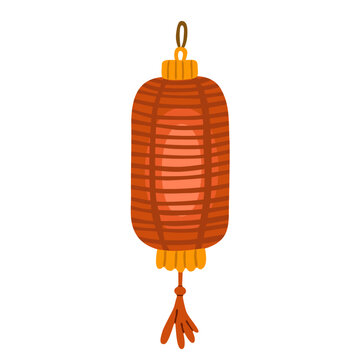 Flat vector illustration of a traditional Chinese lantern with a glowing center, hanging loop and tassel. Festive decoration isolated on white.
