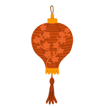 Flat vector illustration of a traditional Chinese lantern with floral decoration, hanging loop and tassel. Festive ornament isolated on white, ideal for Chinese New Year and festival designs.