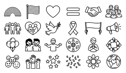 Fototapeta premium Collection of hand drawn social icons featuring people friendship equality love support diversity and global symbols