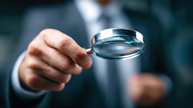 Close-up of a man's hand in a business suit holding a metal magnifying glass. Concept of audit, evidence search, quality control, data verification and forensic investigation