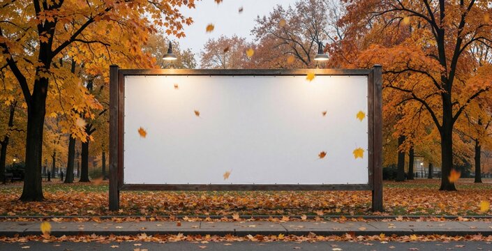 Blank billboard in autumn park with falling leaves provides empty space for text. Outdoor signage frame sits among colorful trees beside sidewalk for mockup.