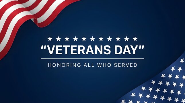 Red, white, and blue veterans day poster with american flag ribbon and stars