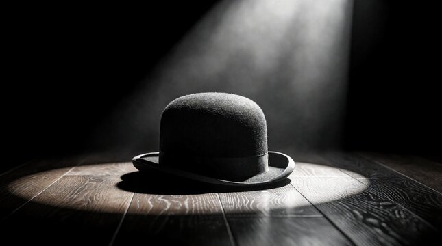 Retro bowler hat rests on wooden floor under dramatic spotlight. Dark background enhances vintage headwear. Isolated accessory evokes mystery, classic style, and stage presence. Concept of solitude.