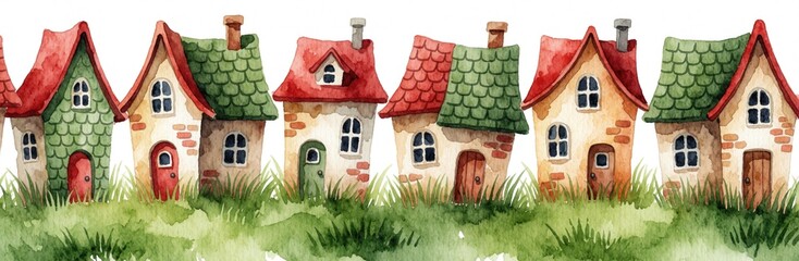 Fototapeta premium Whimsical watercolor illustration of small colorful houses in row. Cute cottage buildings with red, green roofs sit on rich green grass. Seamless pattern border features charming village architecture