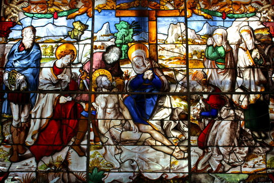 The museum features vibrant stained glass windows.
