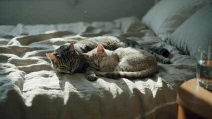Obraz premium Two Tabby Cats Sleeping Comfortably Together on a Sunlit Bed with Soft Linen Sheets and Pillows Keywords: cats, sleeping, napping, resting, cozy, comfortable, tabby cats